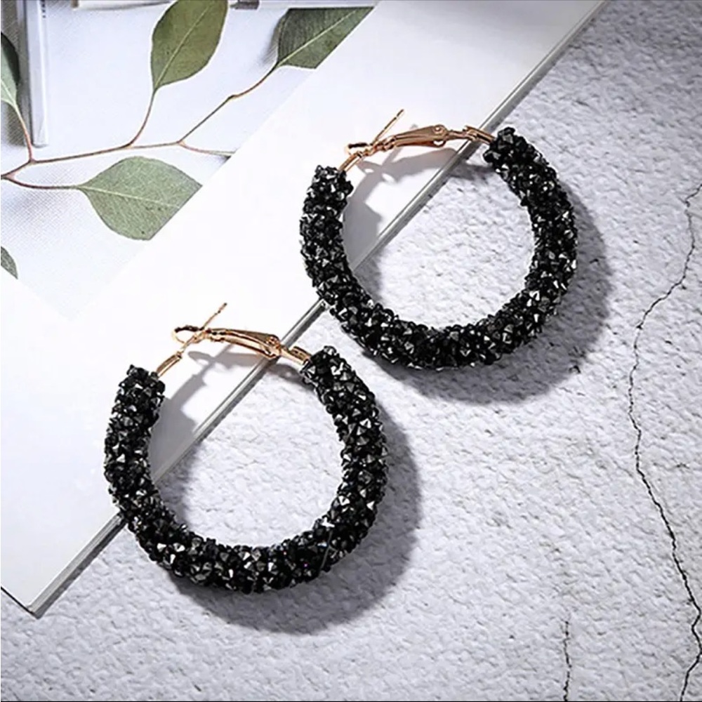 Black Crystal Glimmer Hoop Earrings